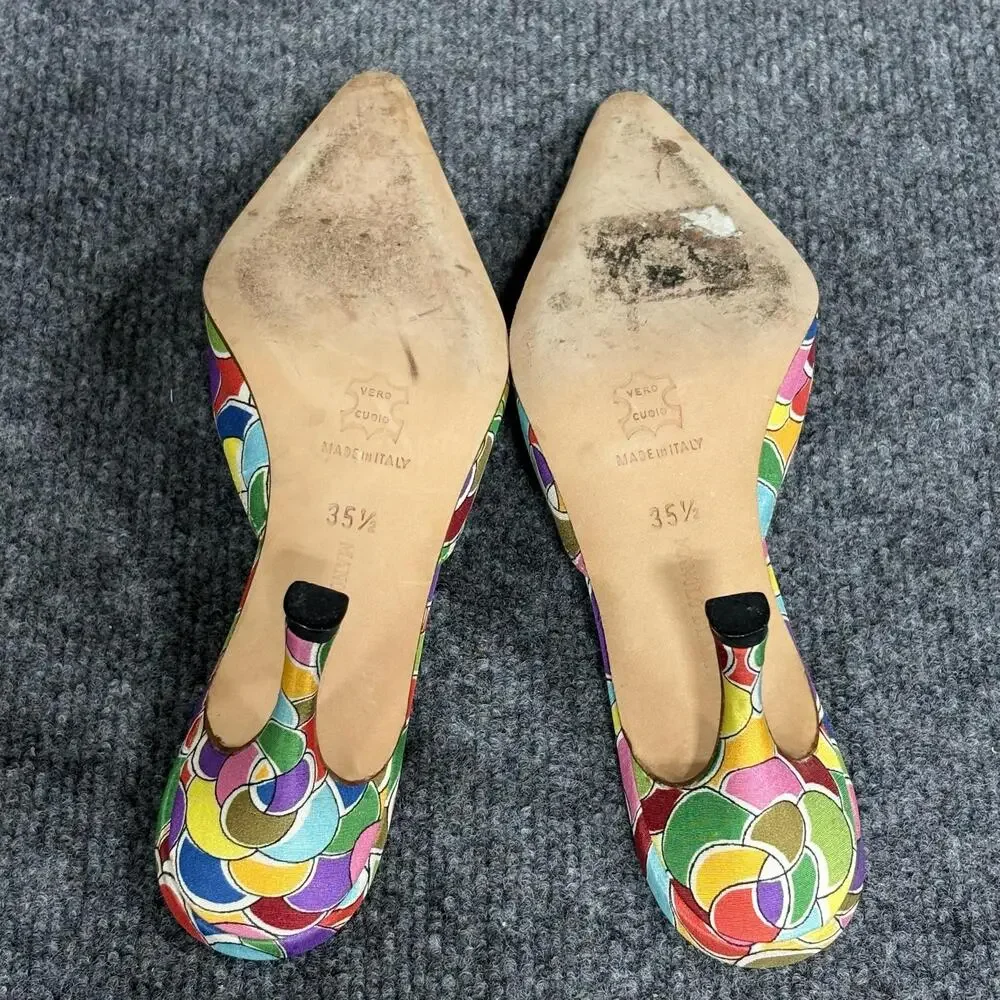 Manolo Blahnik Atomica Shoes Womens 5 Green Blue Printed Silk Mules Heels Italy